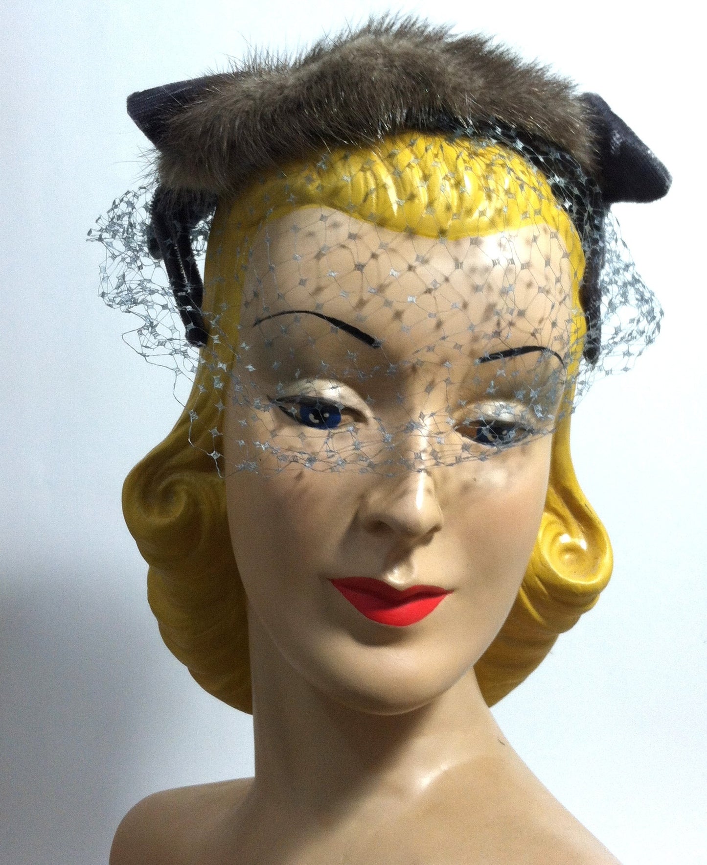 Grey Velvet Bow and Chocolate Mink Cocktail Hat circa 1950s