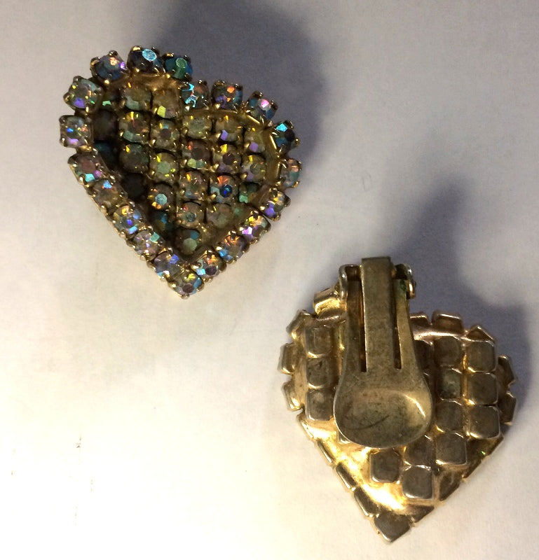 Two Hearts Iridescent Rhinestone Clip Earrings circa 1960s