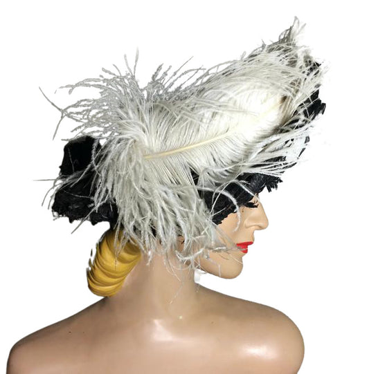 Wide Brim Black Raffia and Lace Woven Hat with Ostrich Plume circa Early 1900s