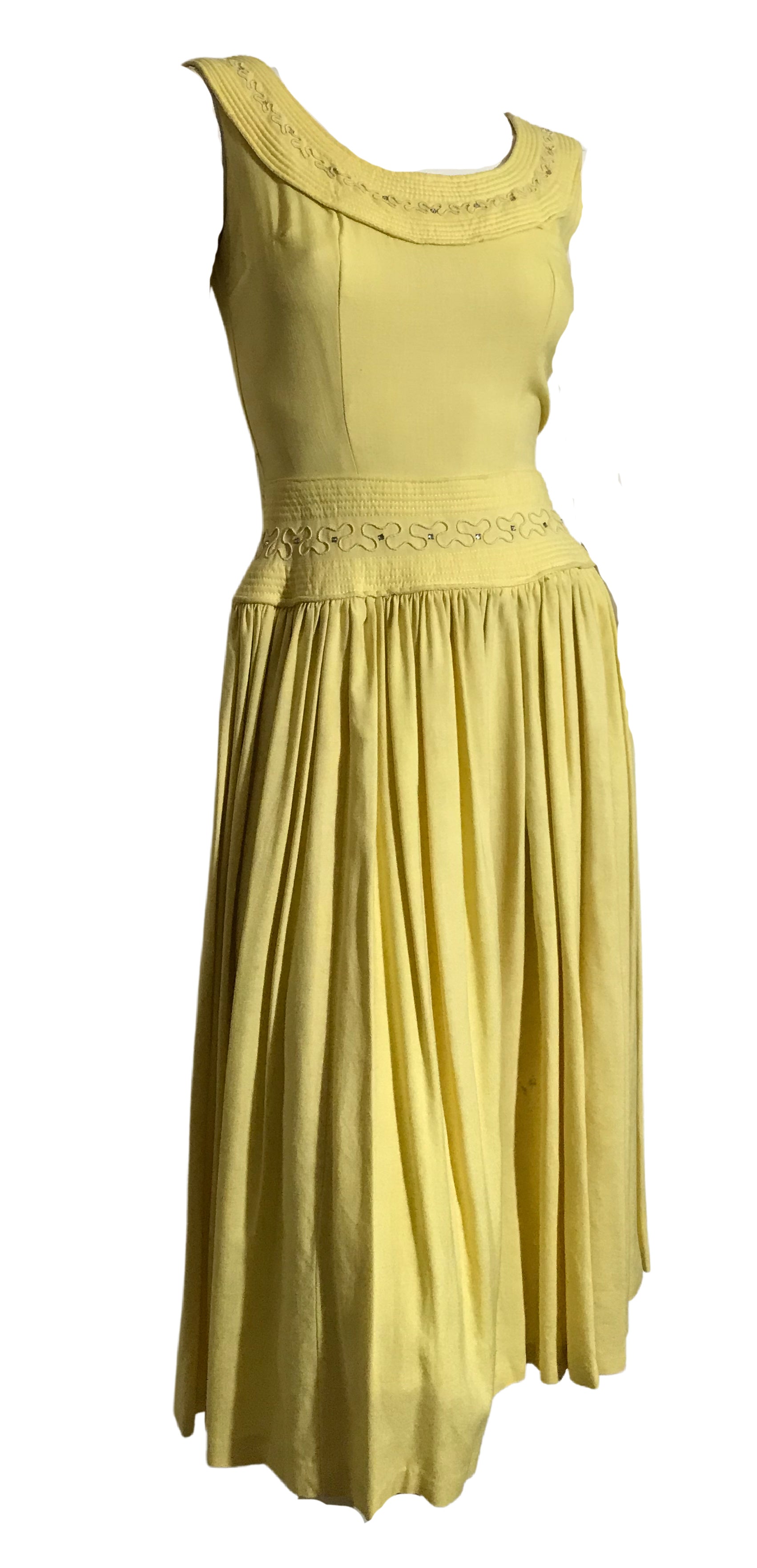 Sunshine Yellow Sleeveless Party Dress with Rhinestones Circa 1940s Sunshine Yellow Sleeveless Party Dress with Rhinestones Circa 1940s