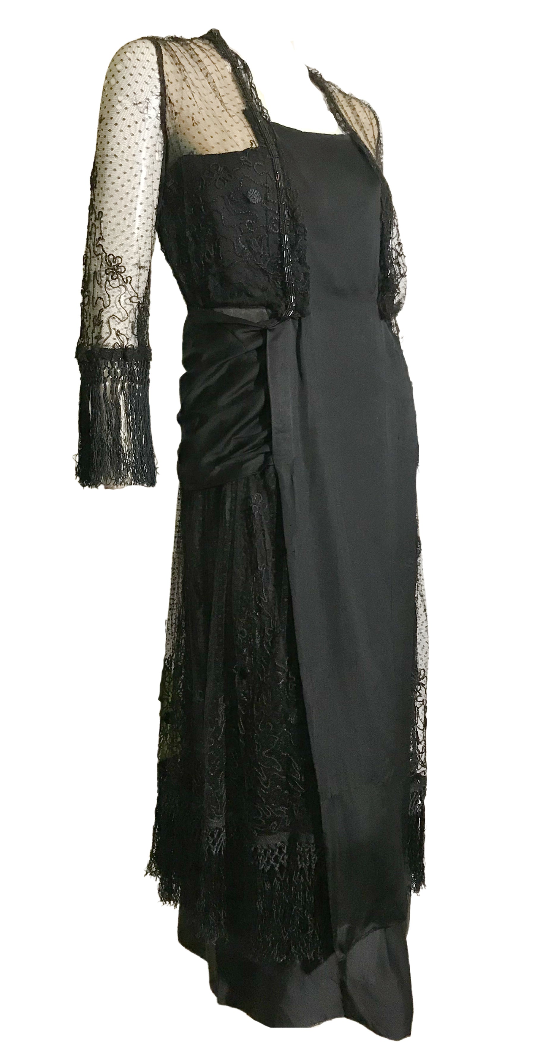 Elaborate Ink Black Silk Formal Dress with Beading Lace and Long Fringe circa 1910s Elaborate Ink Black Silk Formal Dress with Beading Lace and Long Fringe circa 1910s