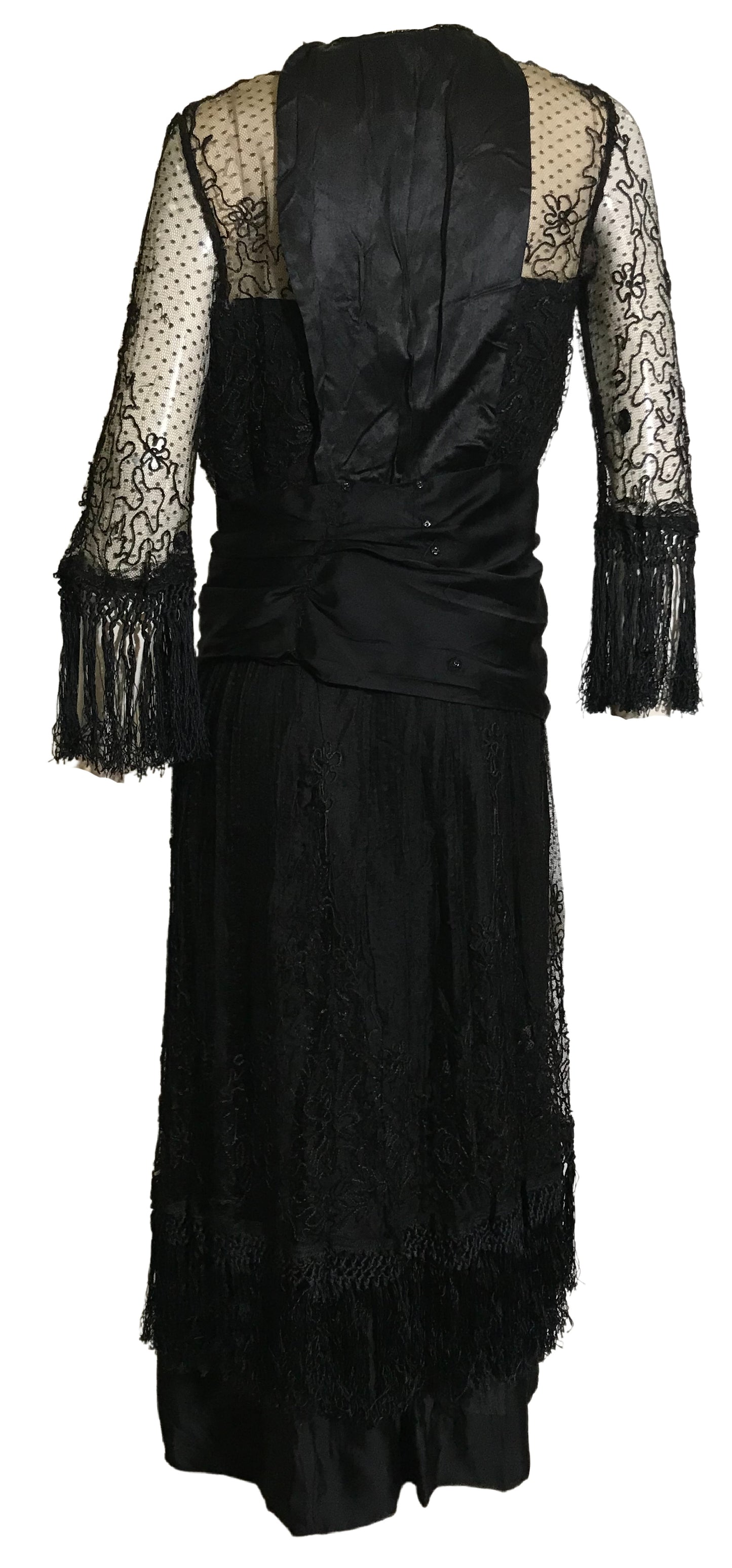 Elaborate Ink Black Silk Formal Dress with Beading Lace and Long Fringe circa 1910s
