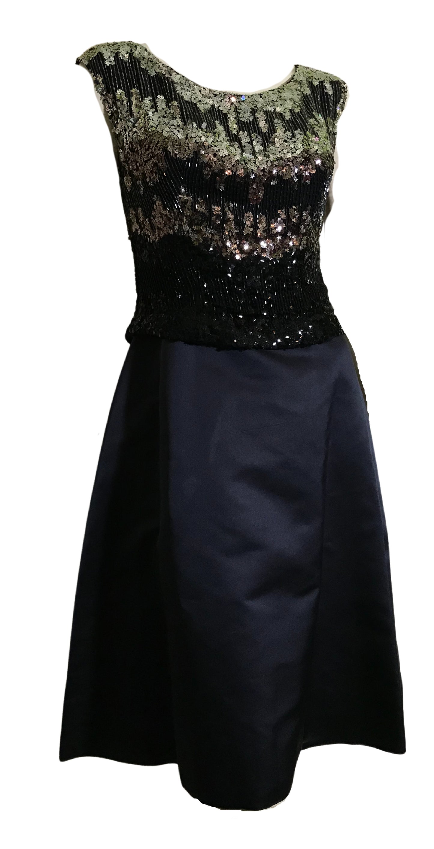 Sparkling Silver Star Sequined Bodice 3 Pc Deep Blue Silk Dress Sequined Top AND Jacket circa 1960s