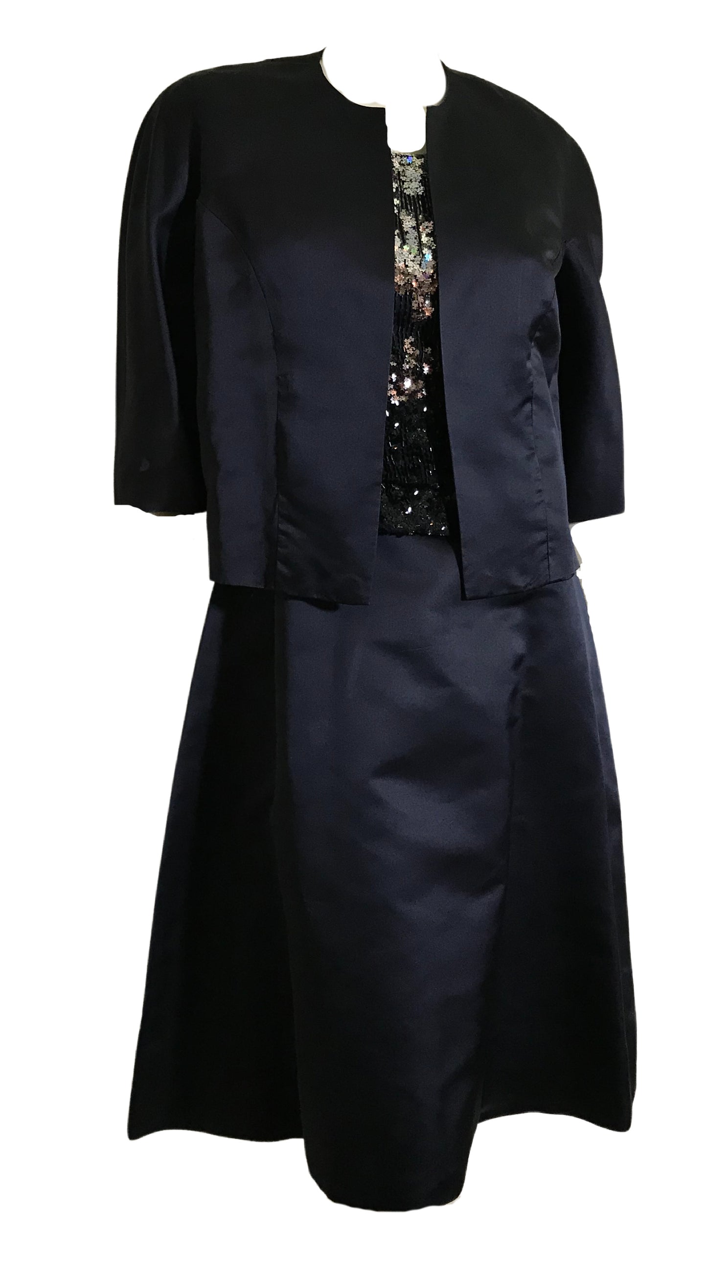Sparkling Silver Star Sequined Bodice 3 Pc Deep Blue Silk Dress Sequined Top AND Jacket circa 1960s