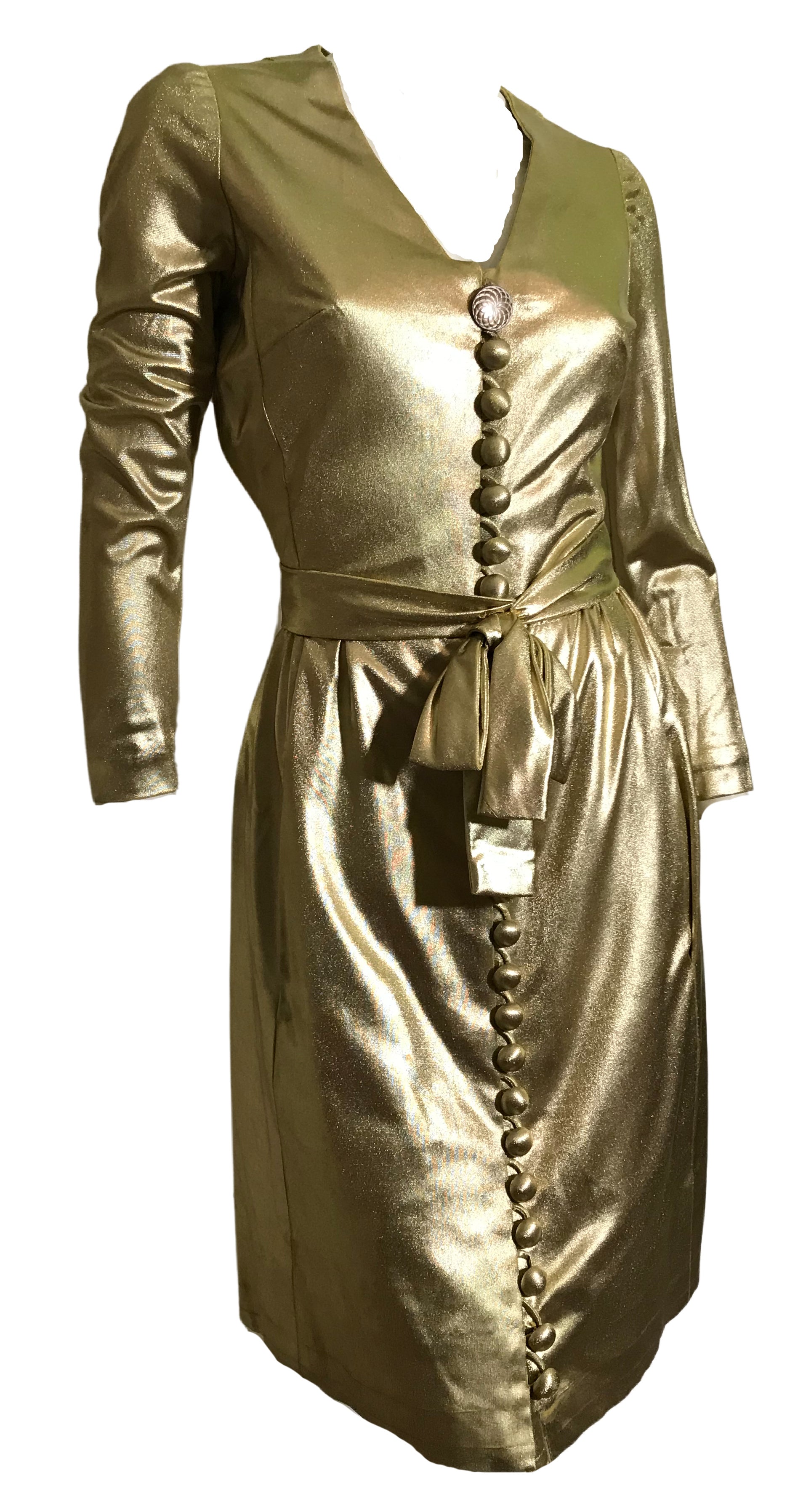 Metallic Gold Treated Nylon Button Front Mini Dress circa 1970s Metallic Gold Treated Nylon Button Front Mini Dress circa 1970s