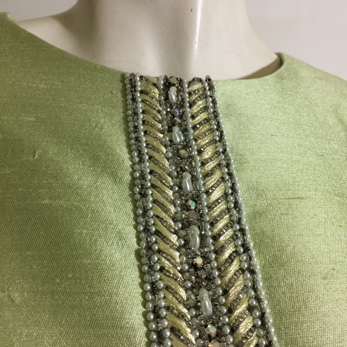 Pistachio Green Slubbed Silk Dress and Jacket with Beading circa 1960s