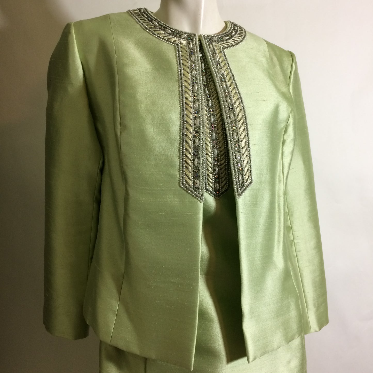 Pistachio Green Slubbed Silk Dress and Jacket with Beading circa 1960s