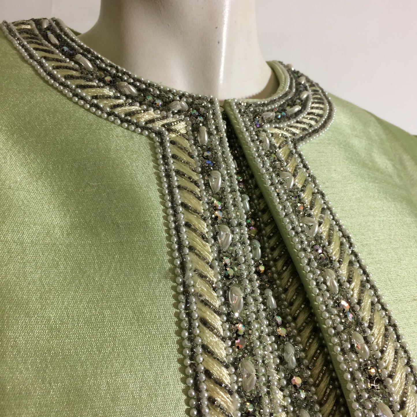 Pistachio Green Slubbed Silk Dress and Jacket with Beading circa 1960s