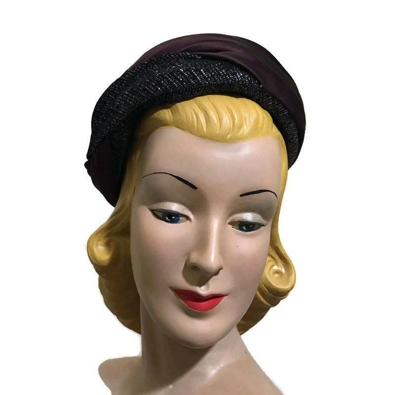 Metallic Bronze, Blue and Black Fabric Wrapped Pill Box Hat circa 1960s