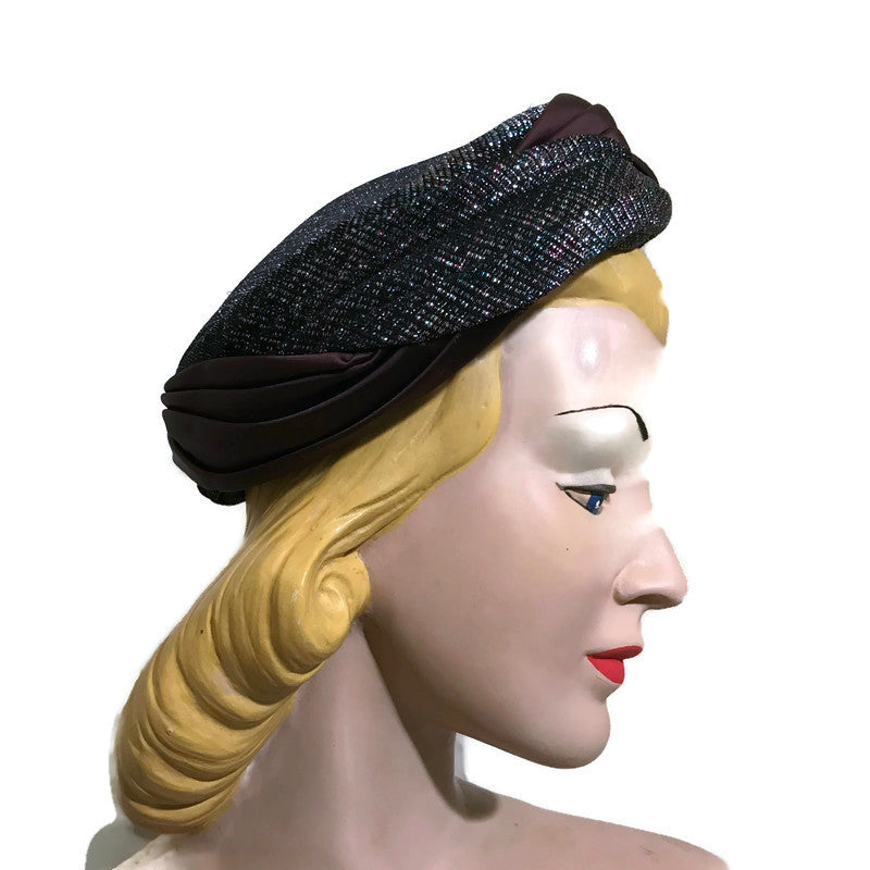 Metallic Bronze, Blue and Black Fabric Wrapped Pill Box Hat circa 1960s