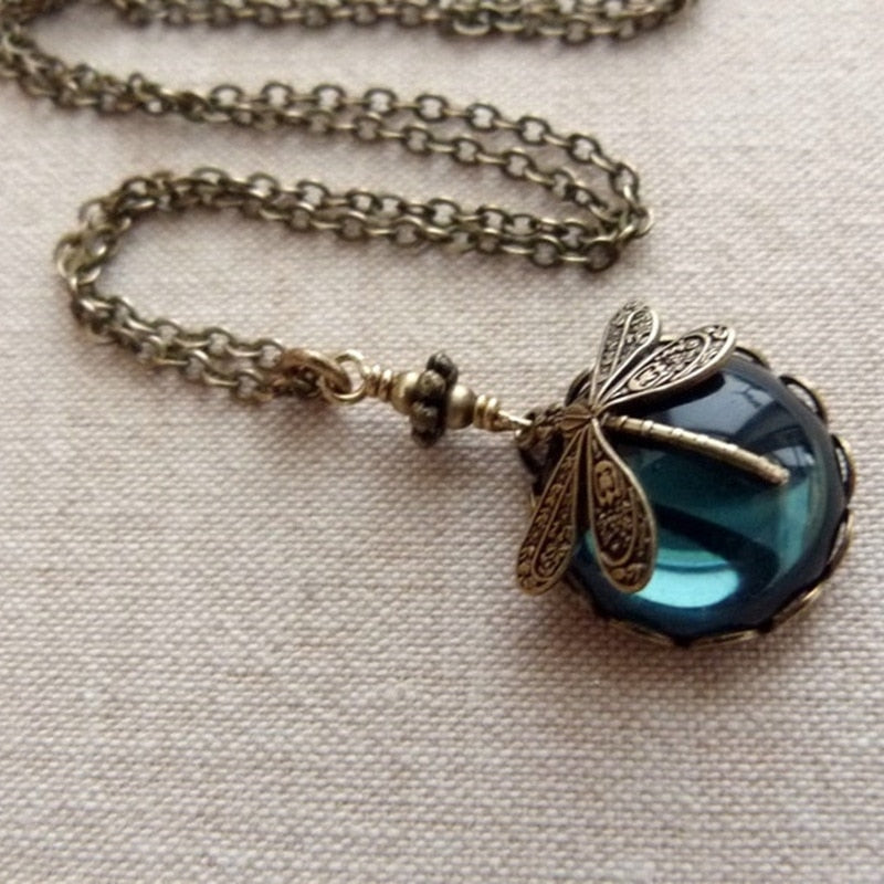 Hover- the Art Nouveau Glass Drop Dragonfly Necklace