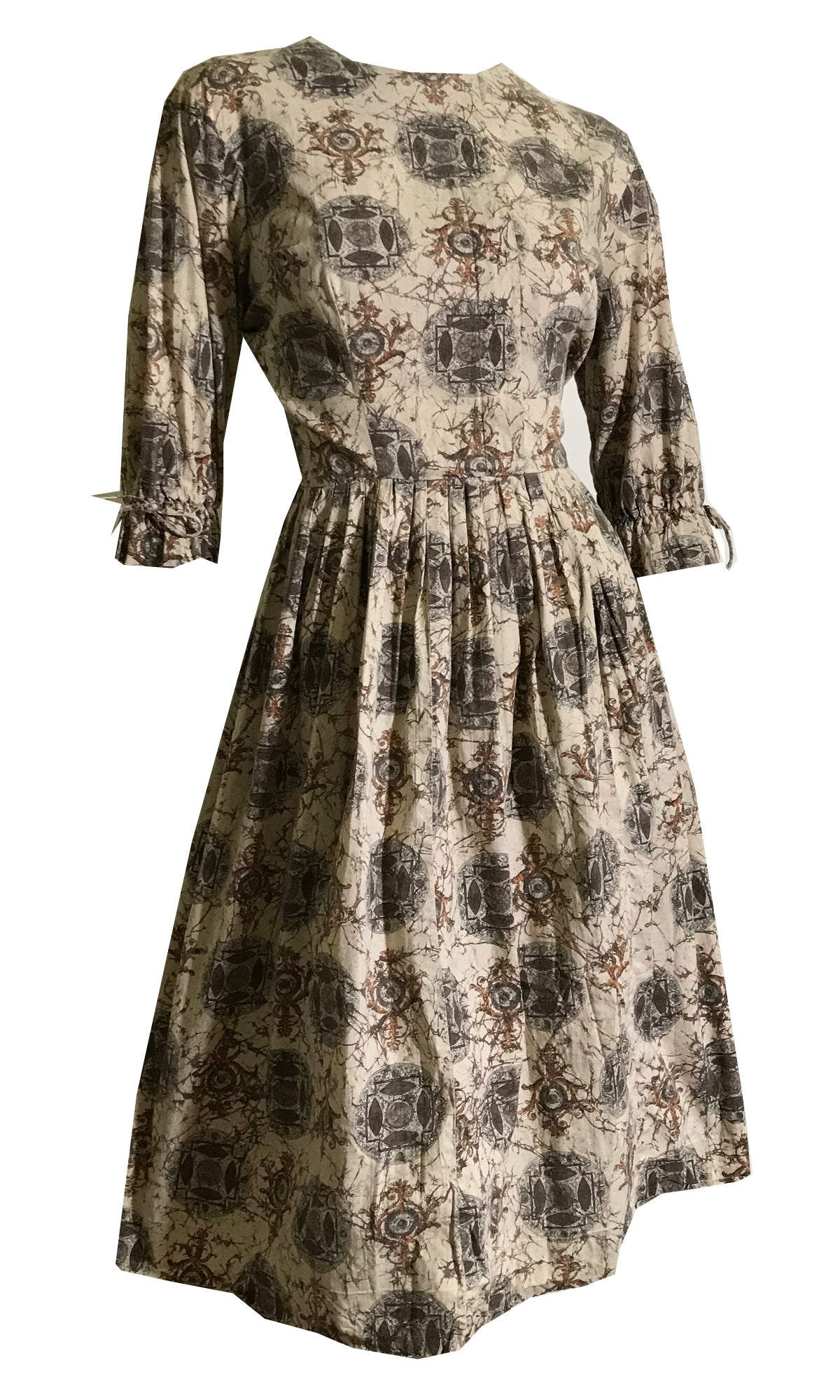 Batik Look Roman Architecture Novelty Print Dress circa 1960s