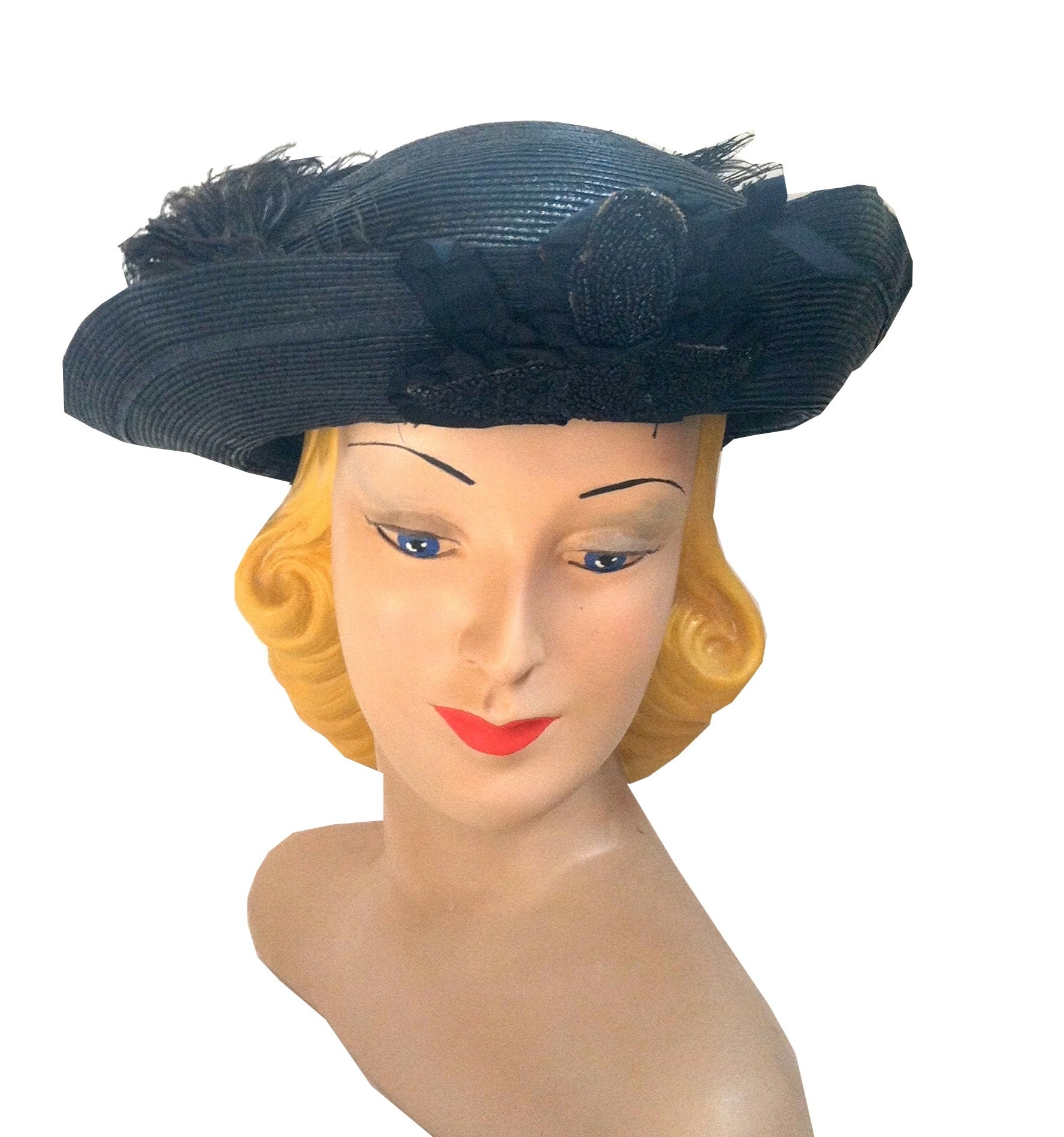 Black Curved Brim Hat w/ Jet Beading and Feather Plume circa 