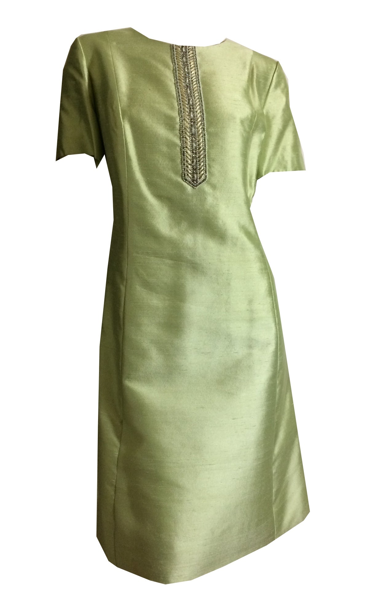 Pistachio Green Slubbed Silk Dress and Jacket with Beading circa 1960s