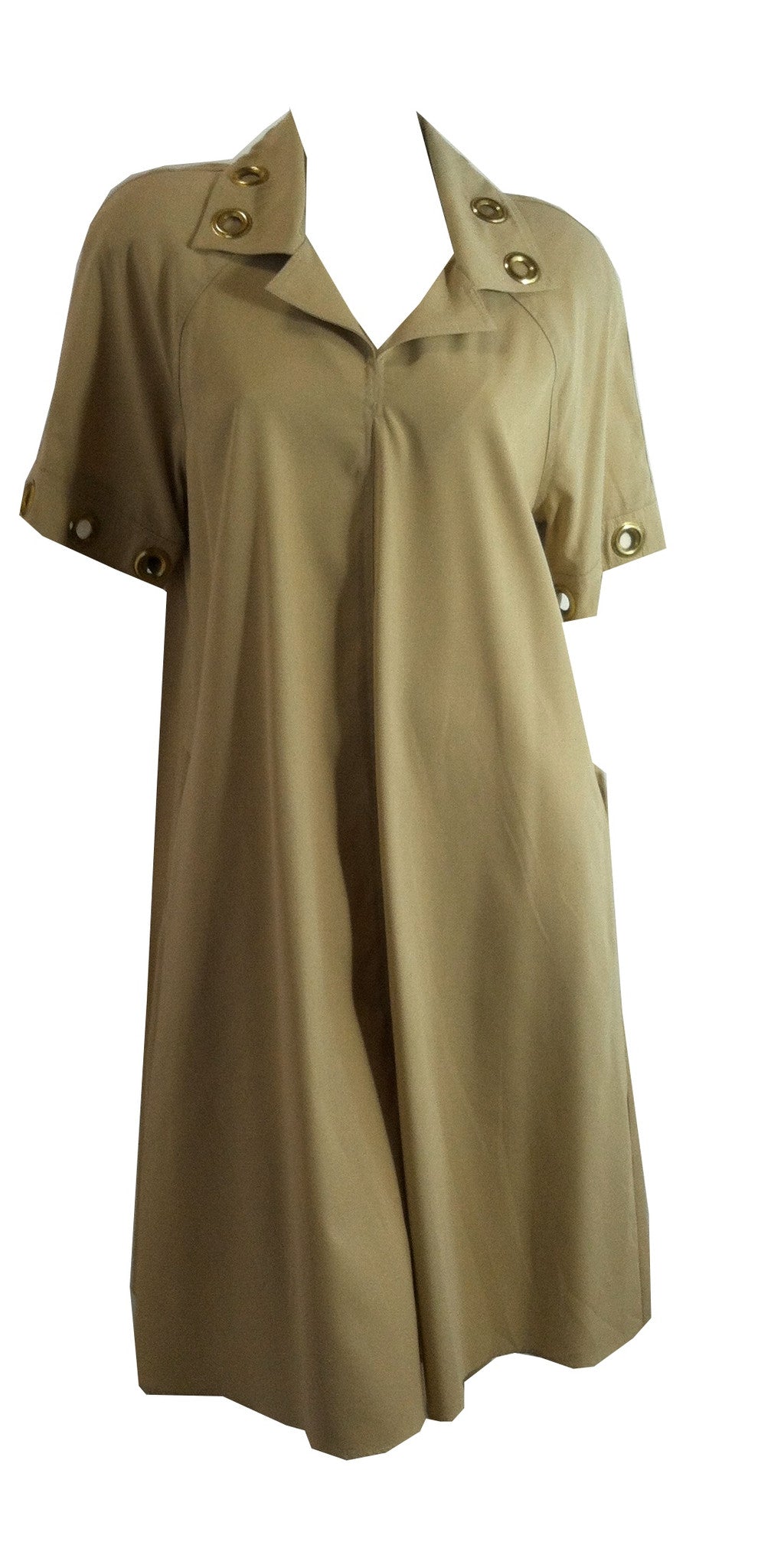 Mega Grommet Trimmed Khaki A-Line Dress circa 1980s Dorothea's Closet Vintage Mega Grommet Trimmed Khaki A-Line Dress circa 1980s Dorothea's Closet Vintage