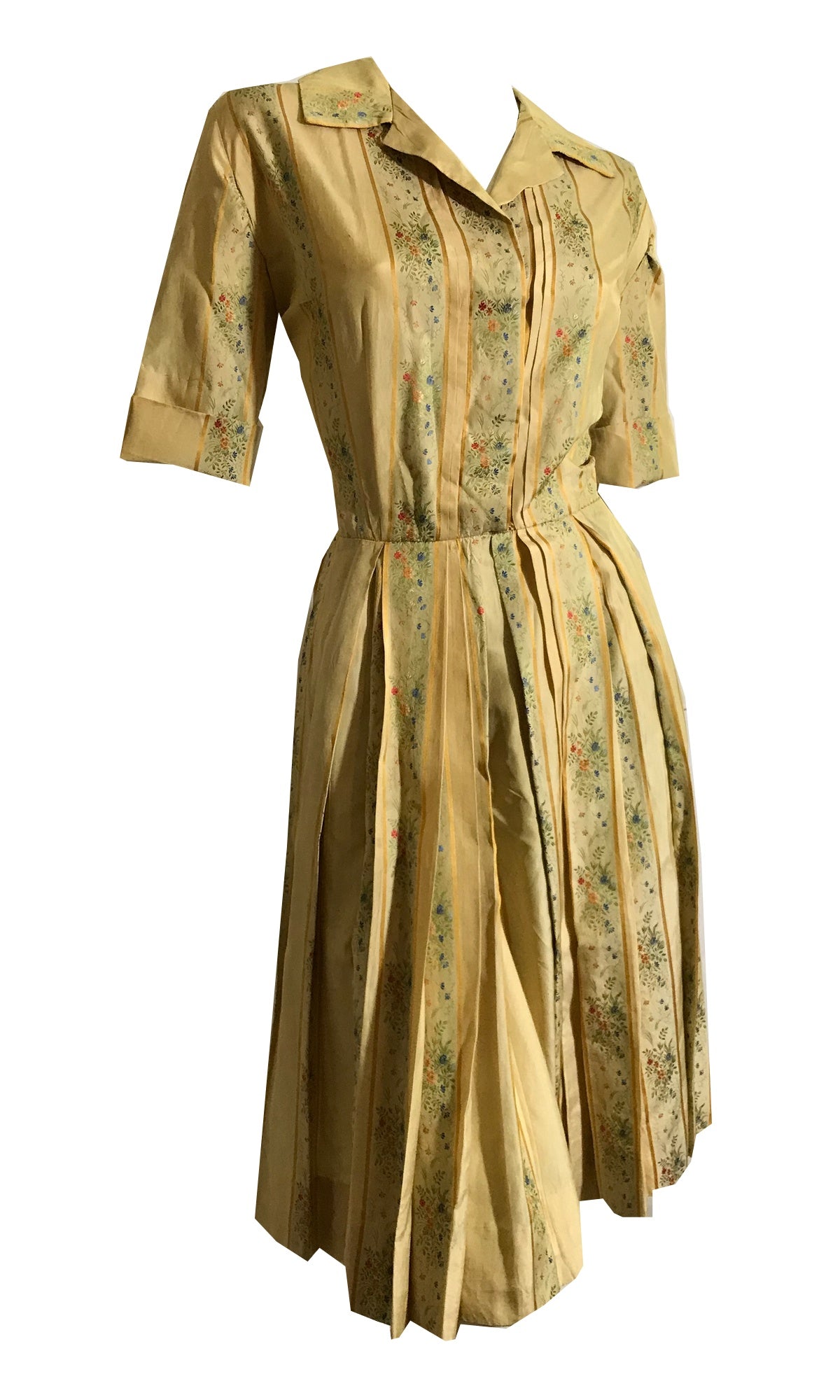 Golden Victorian Inspired Silk Floral and Stripe Shirt Waist Dress circa 1950s Holly Hoelscher Golden Victorian Inspired Silk Floral and Stripe Shirt Waist Dress circa 1950s Holly Hoelscher