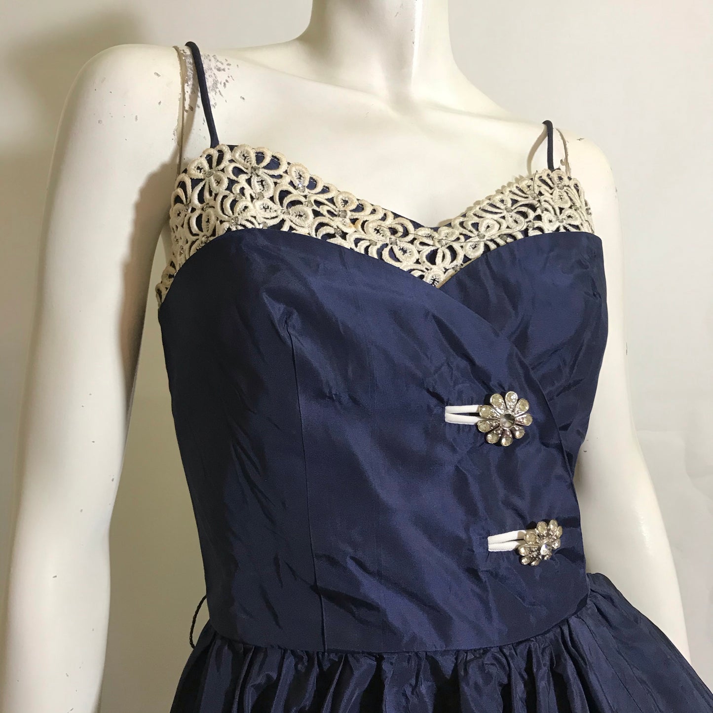Rhinestone Button Trimmed Deep Blue Taffeta Cocktail Dress with Swagged Skirt circa 1940s