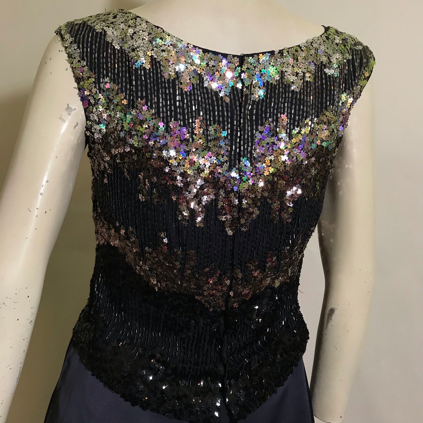 Sparkling Silver Star Sequined Bodice 3 Pc Deep Blue Silk Dress Sequined Top AND Jacket circa 1960s