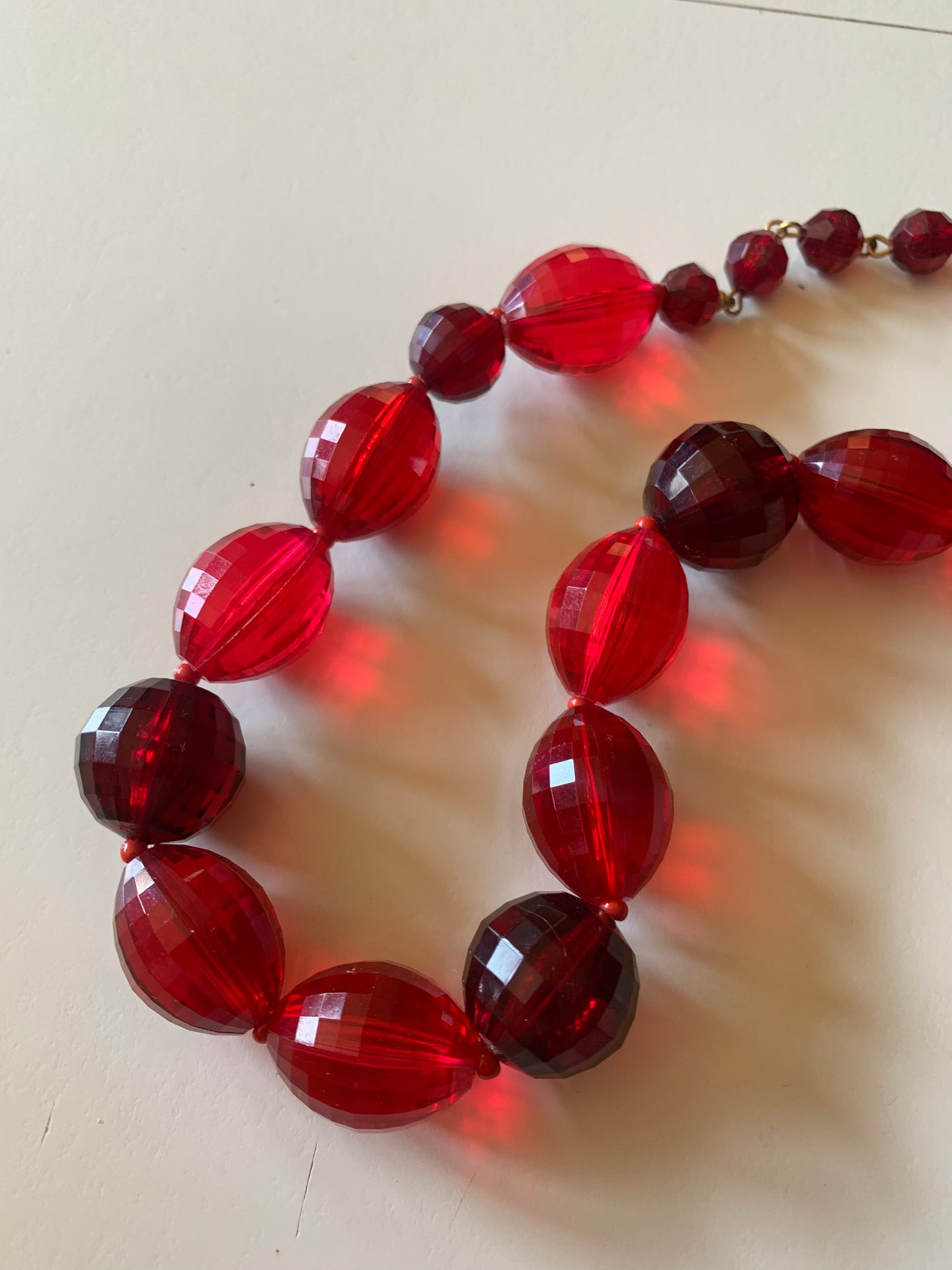 Vivid Red and Pink Beveled Glass Bead Necklace circa 1960s