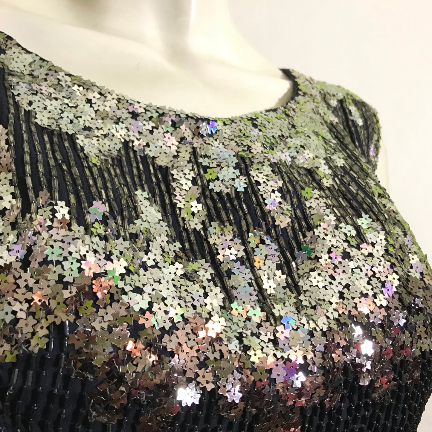 Sparkling Silver Star Sequined Bodice 3 Pc Deep Blue Silk Dress Sequined Top AND Jacket circa 1960s