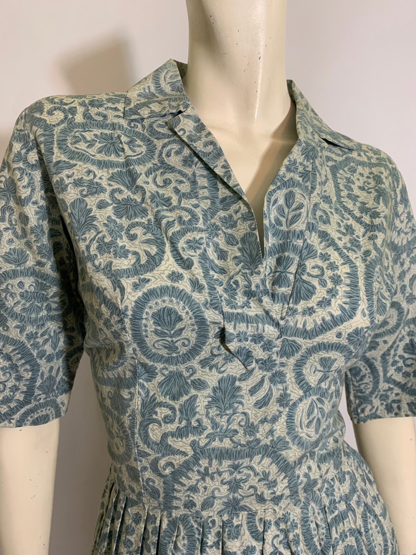 Soft Blue and Grey Medallion Print Cotton Shirt Waist Dress circa 1960s