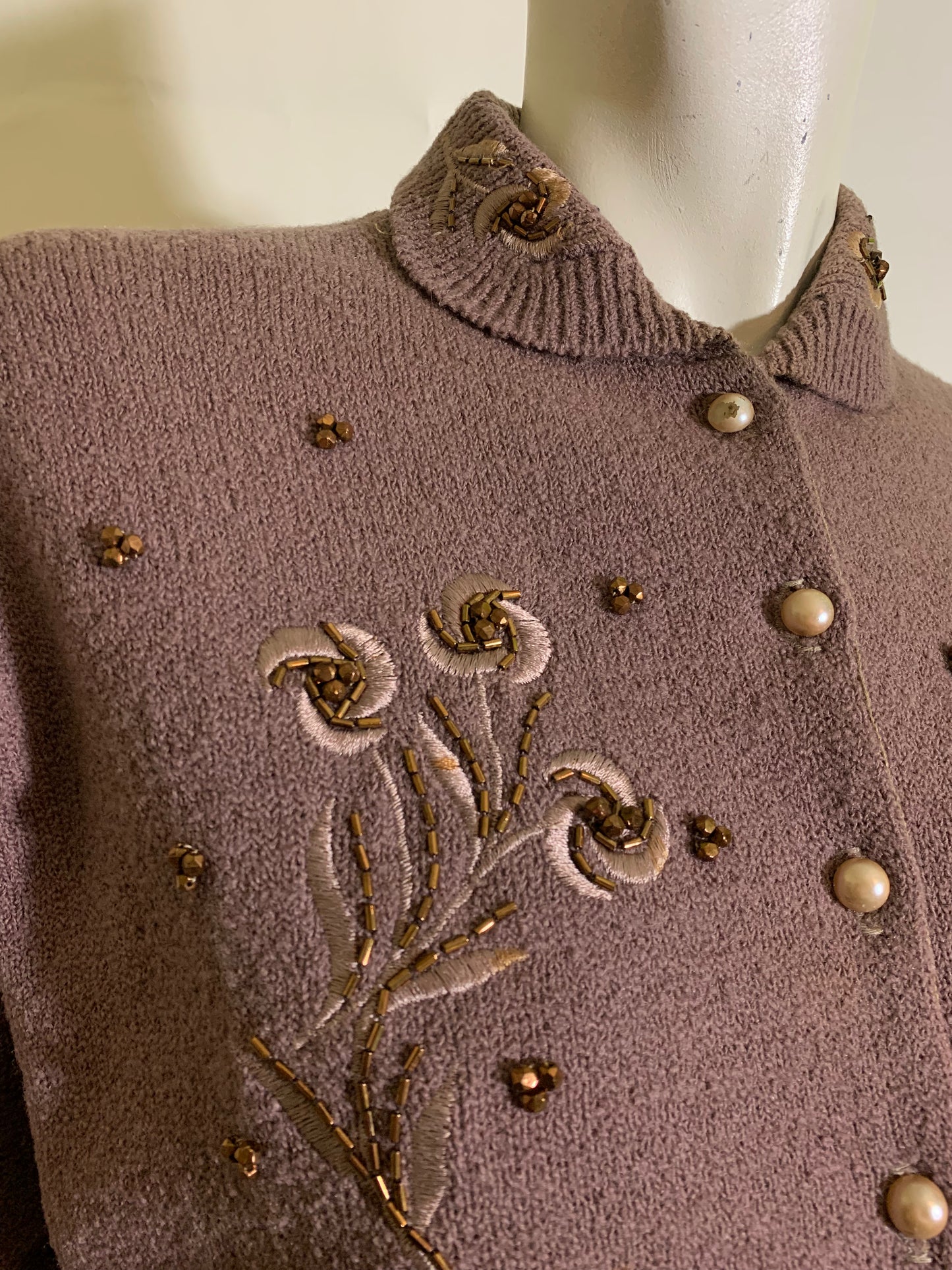 Rosy Brown Boucle Knit Wool 2 Pc Dress Set with Beading and Embroidery circa 1940s