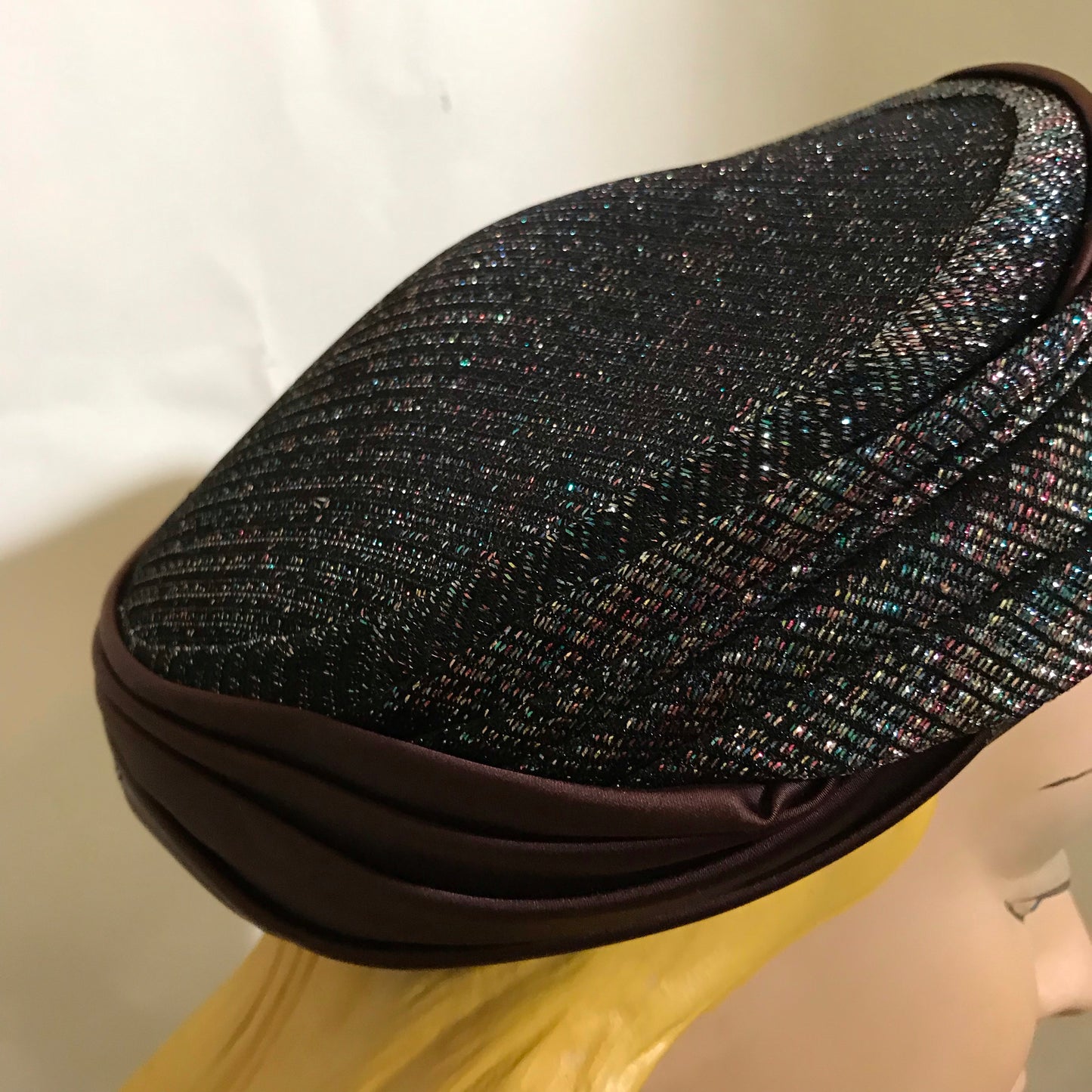 Metallic Bronze, Blue and Black Fabric Wrapped Pill Box Hat circa 1960s