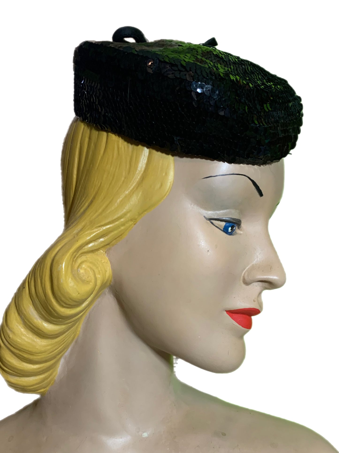 Shimmering Black Sequined Mini Cocktail Hat with Bow circa 1930s