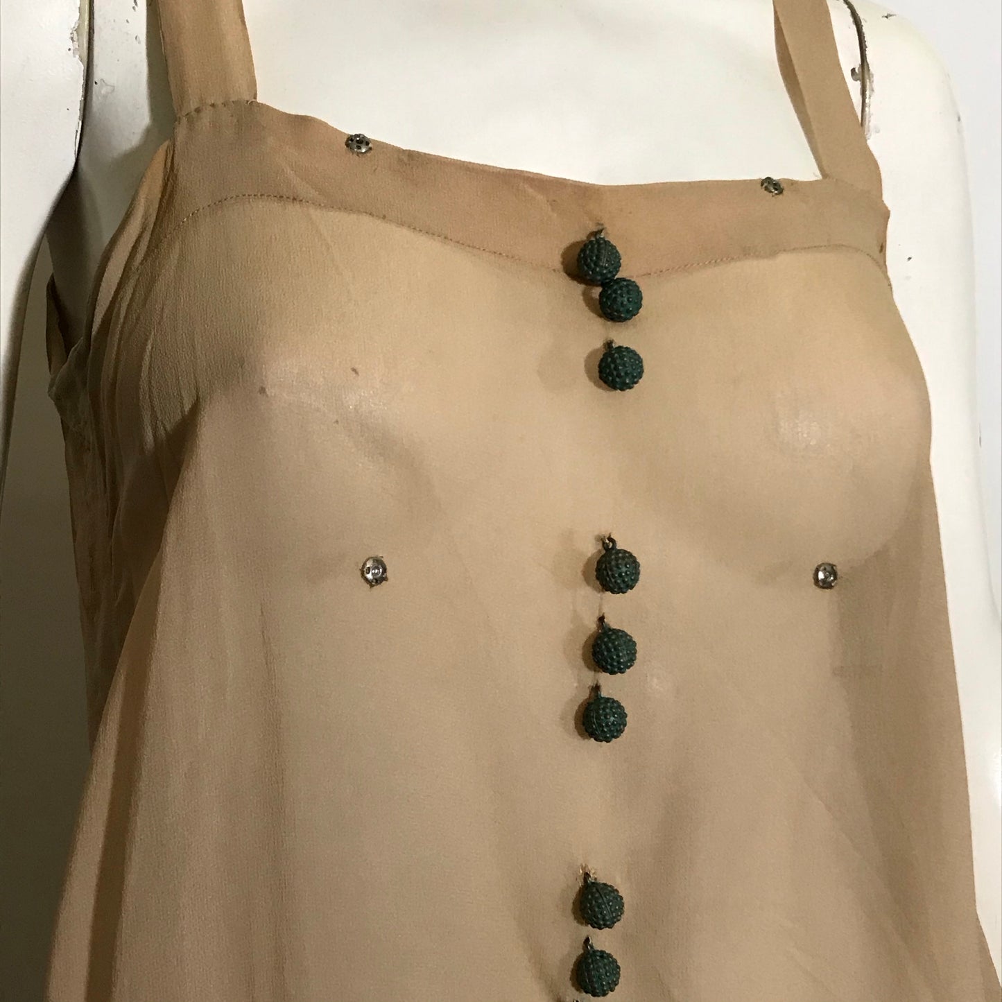 Egyptian Revival Warm Ivory Silk 2 Piece Day Dress with Green Metal Buttons and Braided Silk Sash circa 1920s