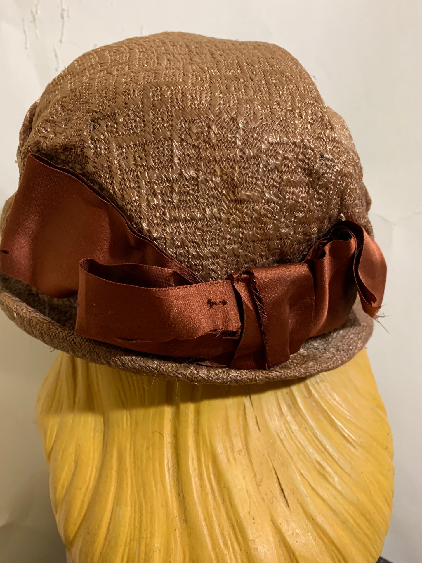 Late Teens/Early 20s Brown Ribbon and Carved Bakelite Trimmed Cloche Hat circa 1920s