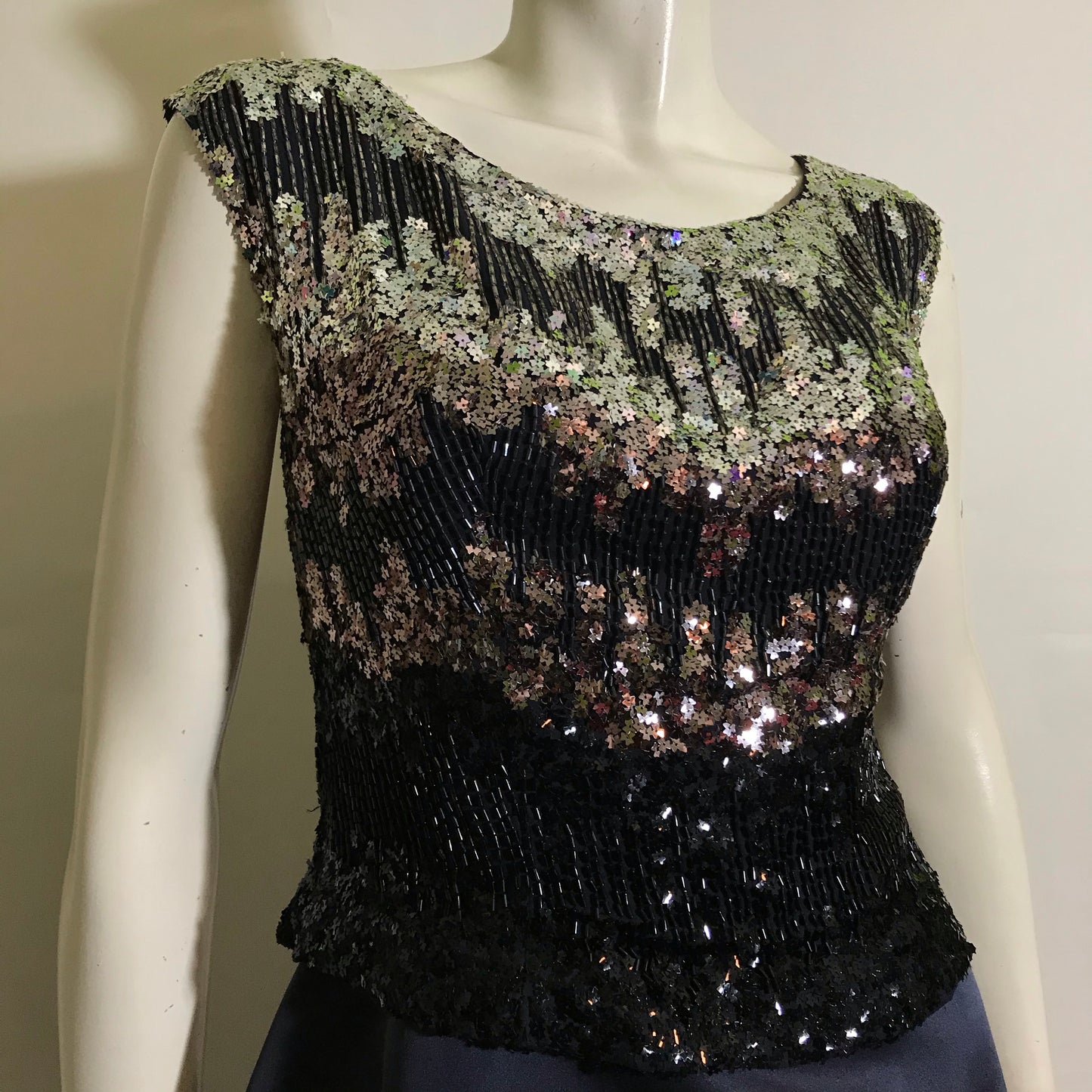 Sparkling Silver Star Sequined Bodice 3 Pc Deep Blue Silk Dress Sequined Top AND Jacket circa 1960s