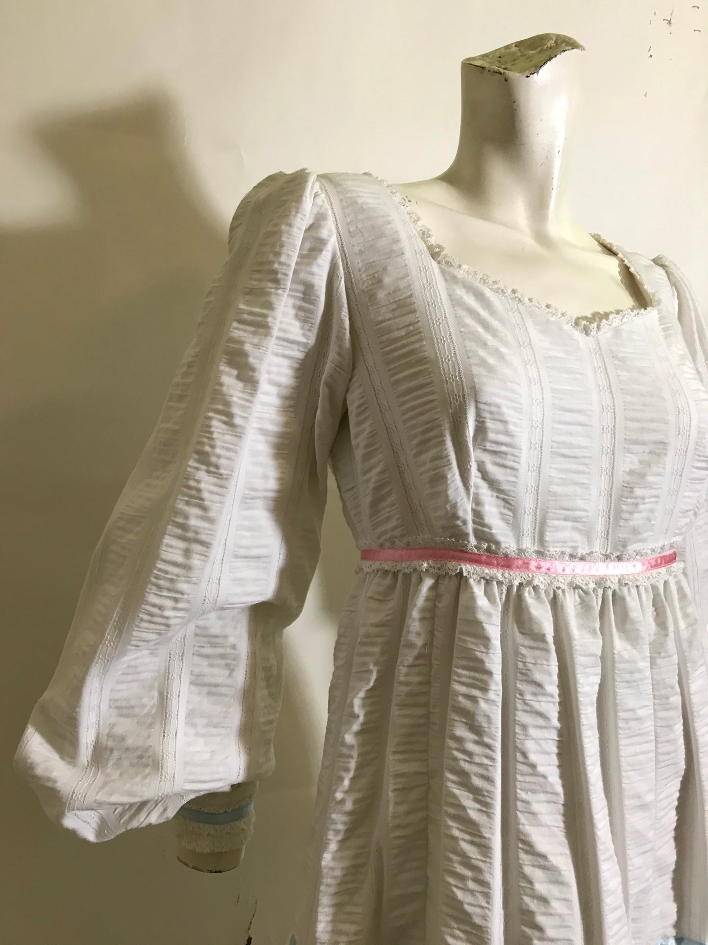 White Embroidered Cotton Maxi Dress with Pink and Blue Ribbon Trim circa 1970s