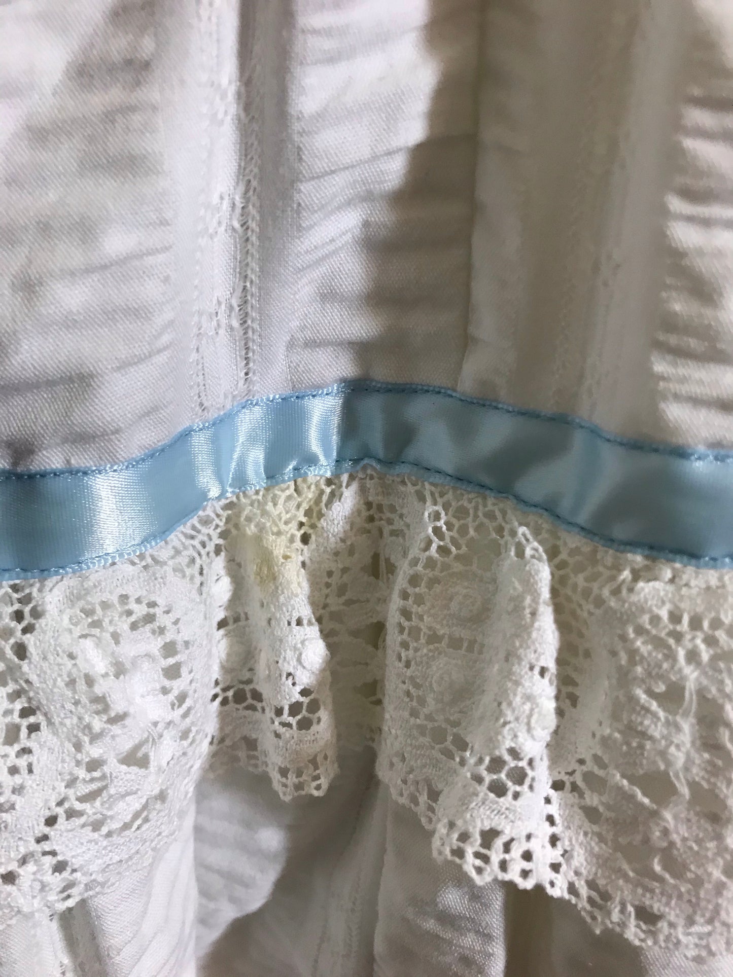 White Embroidered Cotton Maxi Dress with Pink and Blue Ribbon Trim circa 1970s