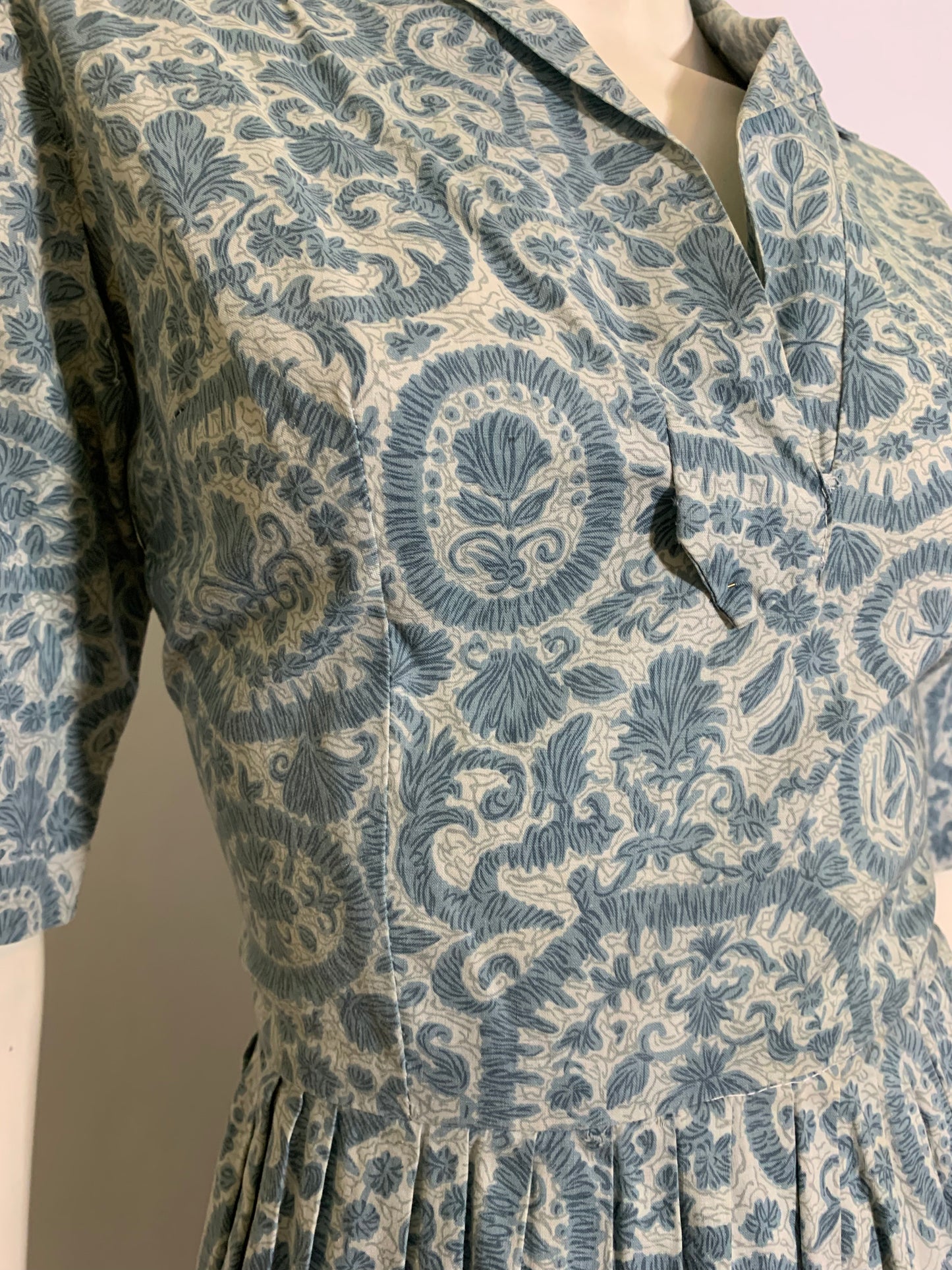 Soft Blue and Grey Medallion Print Cotton Shirt Waist Dress circa 1960s