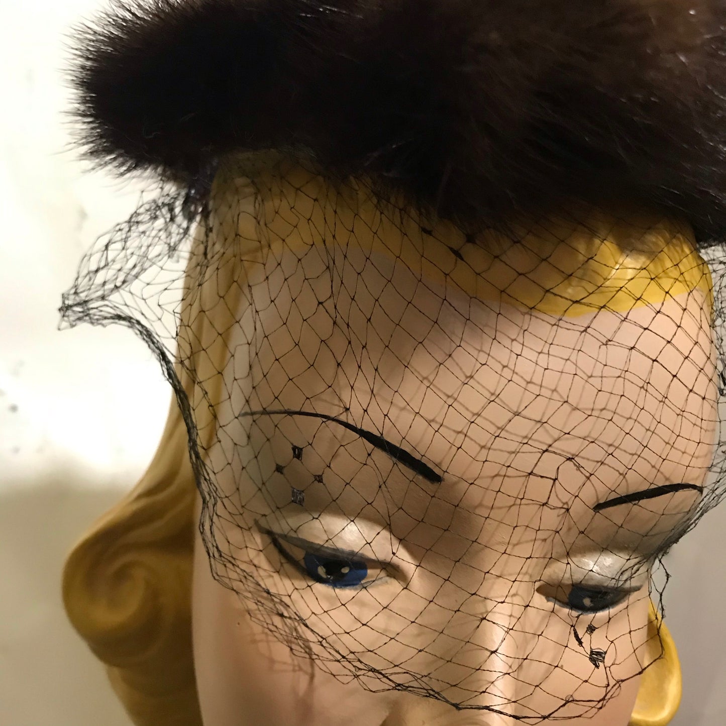 Mink Trimmed Black Veil Halo Hat circa 1960s