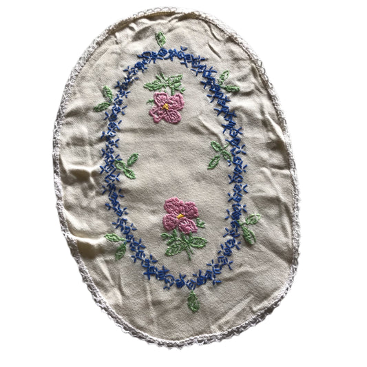 Cross Stitched Oval Silk Lace Trimmed Table Scarf circa 1940s