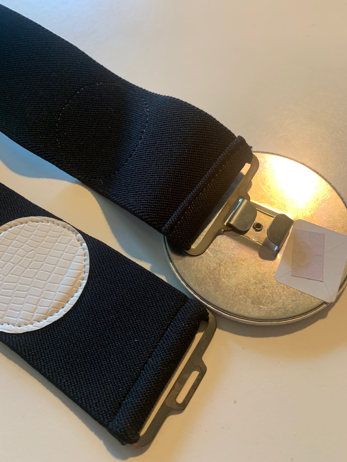 Black Wide Elastic New Wave Belt with Vinyl Dots and Circle Clasp circa 1980s