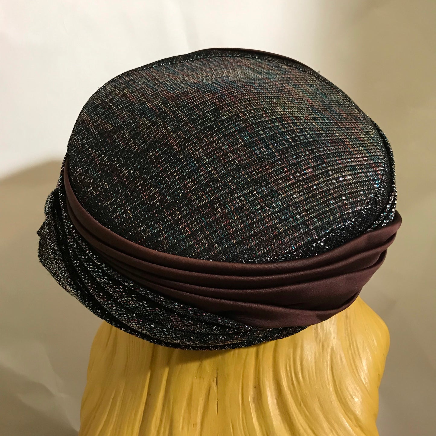 Metallic Bronze, Blue and Black Fabric Wrapped Pill Box Hat circa 1960s