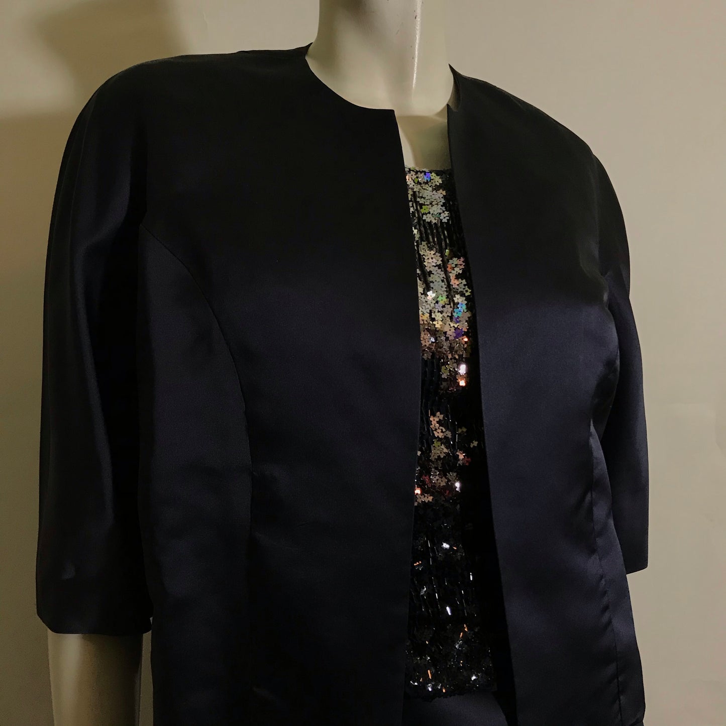 Sparkling Silver Star Sequined Bodice 3 Pc Deep Blue Silk Dress Sequined Top AND Jacket circa 1960s