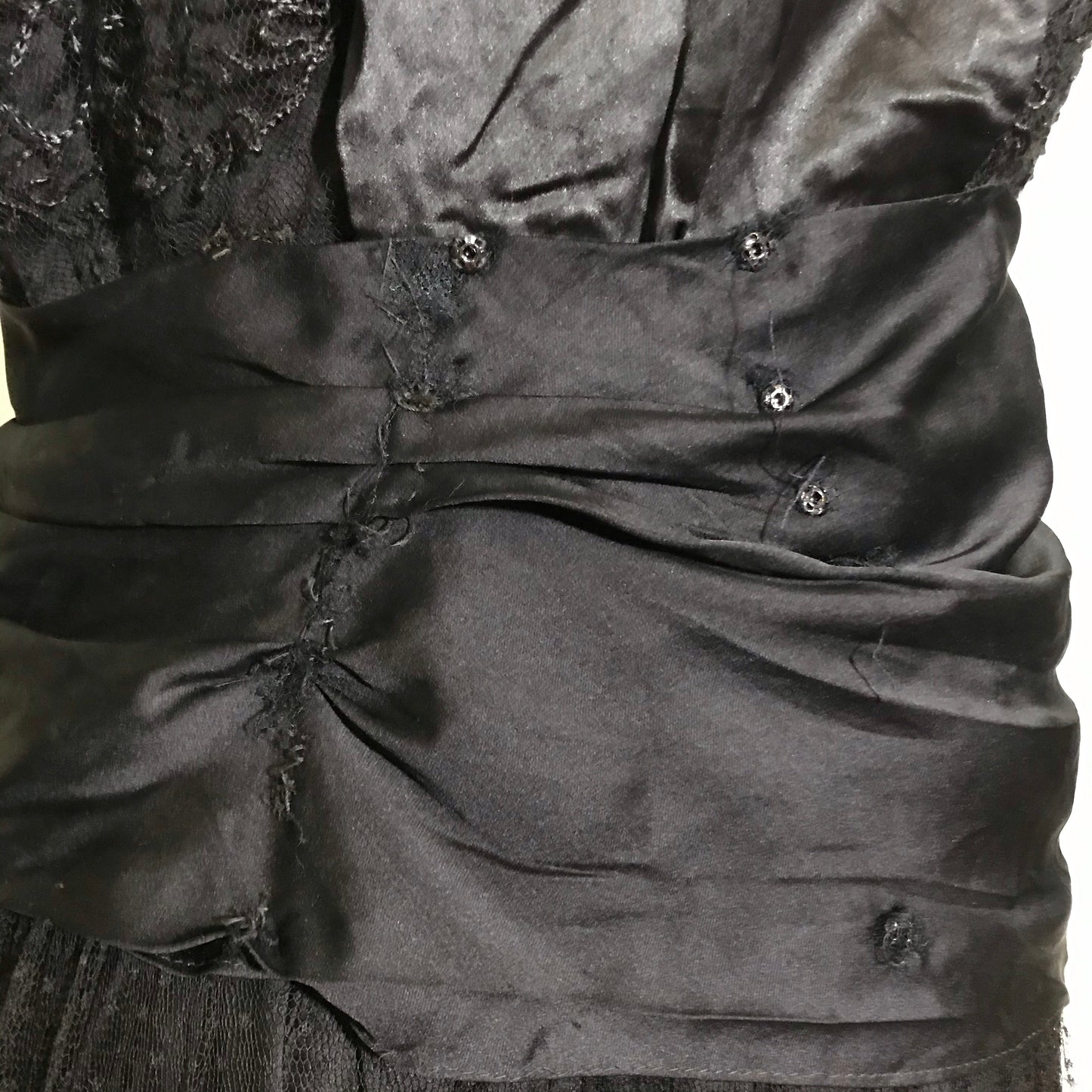 Elaborate Ink Black Silk Formal Dress with Beading Lace and Long Fringe circa 1910s