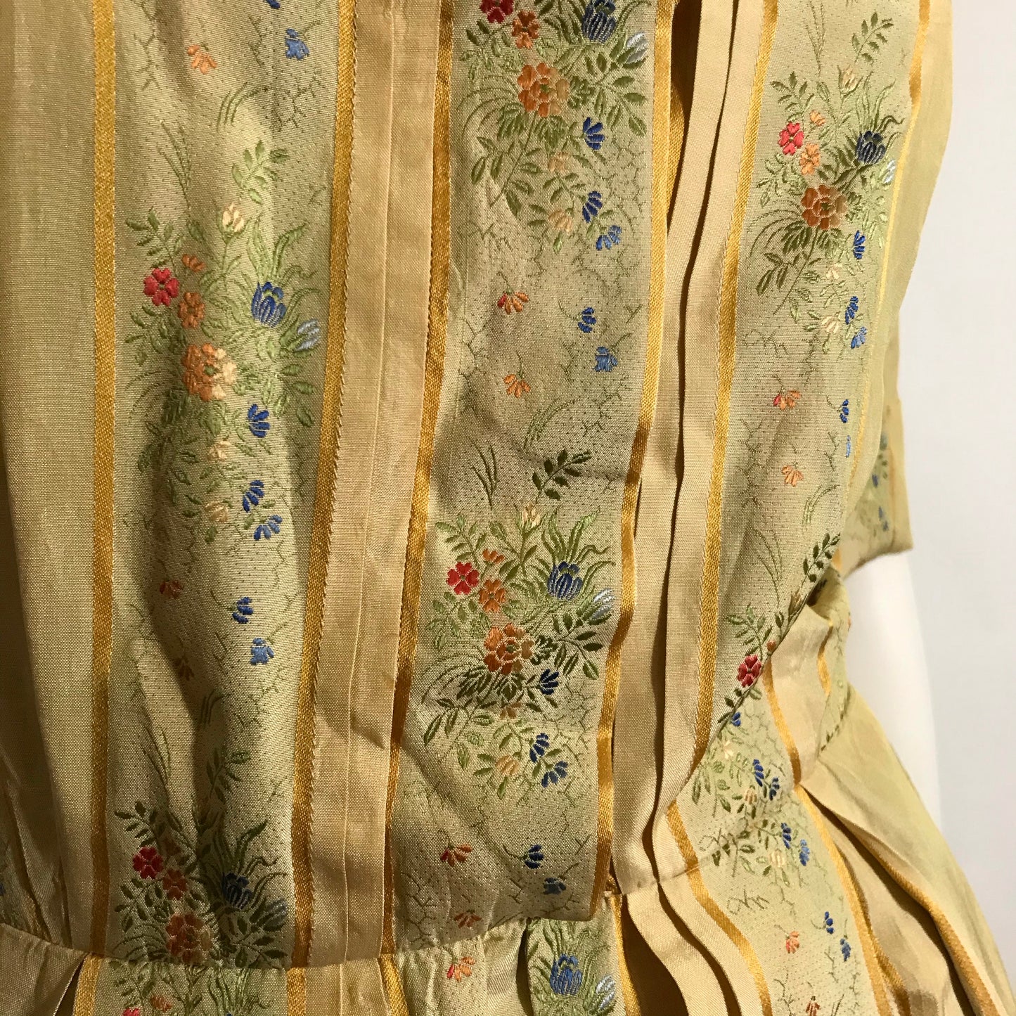 Golden Victorian Inspired Silk Floral and Stripe Shirt Waist Dress circa 1950s Holly Hoelscher