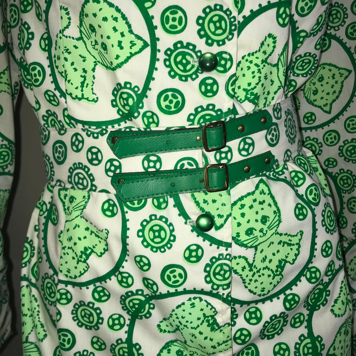 Lime Green Kitty Cat Novelty Print Shirt Dress with Belt circa 1960s