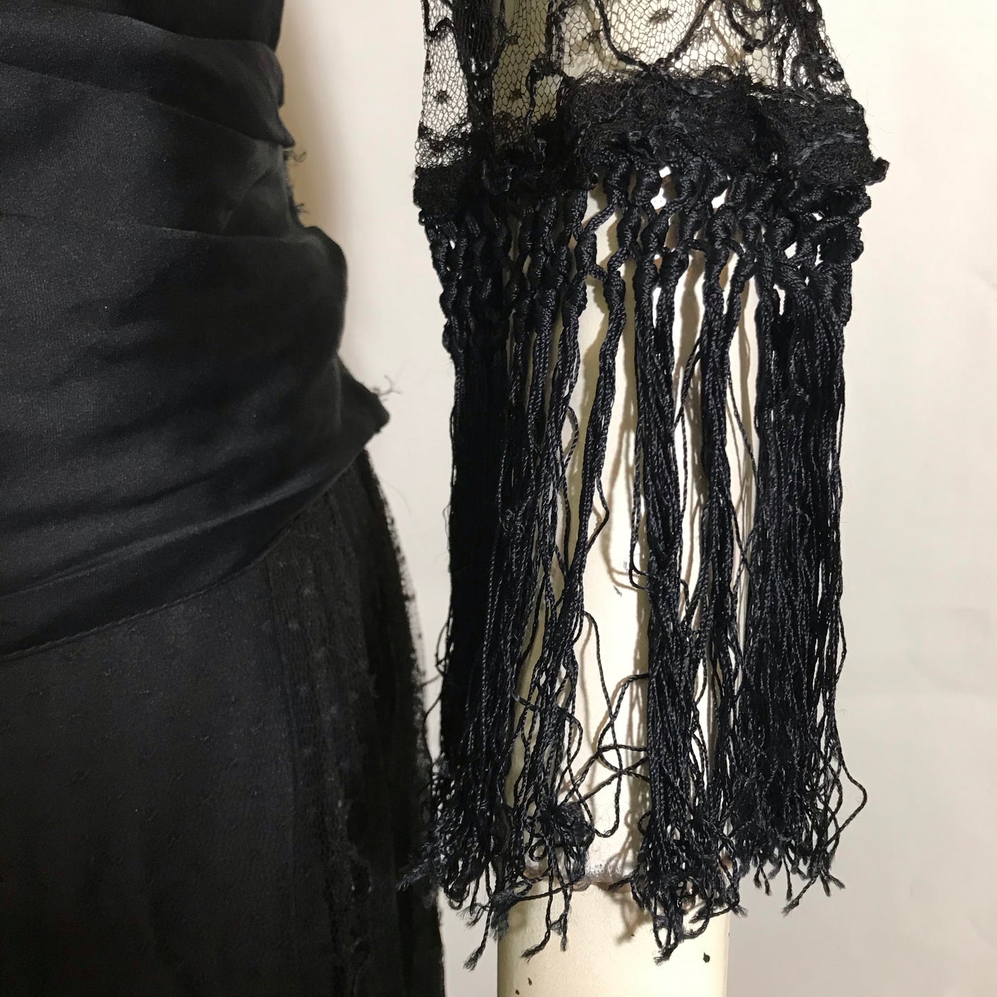 Elaborate Ink Black Silk Formal Dress with Beading Lace and Long Fringe circa 1910s