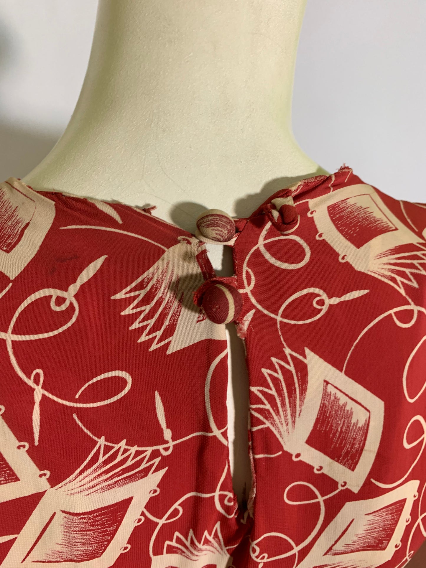 Notebook and Pen Brick Red Novelty Print Dress circa 1940s
