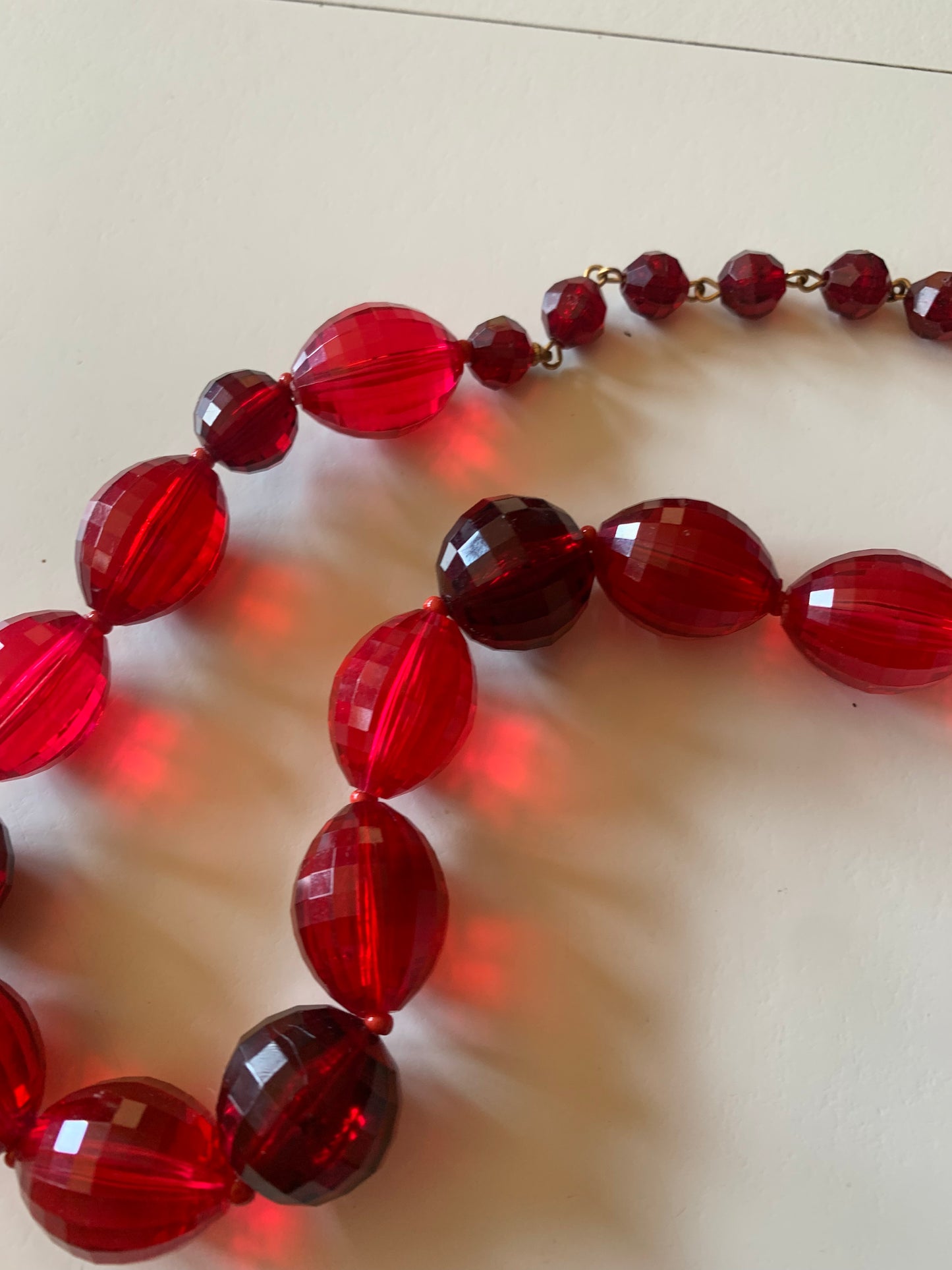 Vivid Red and Pink Beveled Glass Bead Necklace circa 1960s