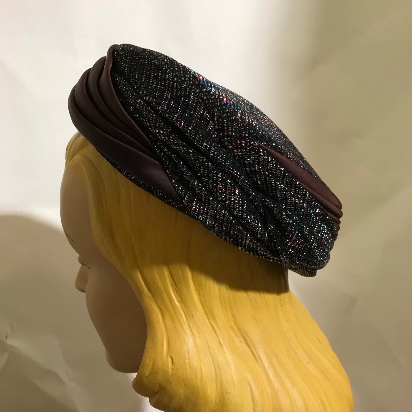 Metallic Bronze, Blue and Black Fabric Wrapped Pill Box Hat circa 1960s