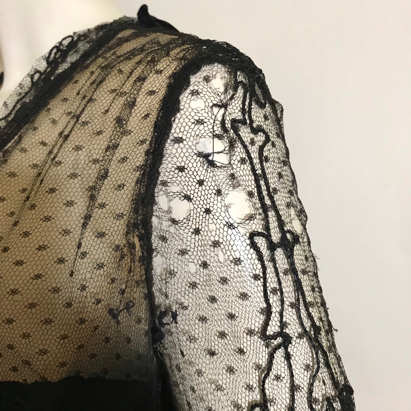 Elaborate Ink Black Silk Formal Dress with Beading Lace and Long Fringe circa 1910s