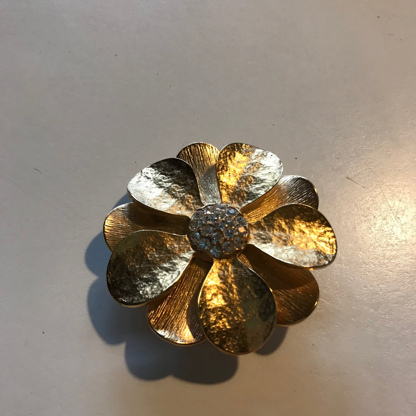 Brushed Gold Tone Metal Flower Brooch or Pedant w/ Rhinestones circa 1960s