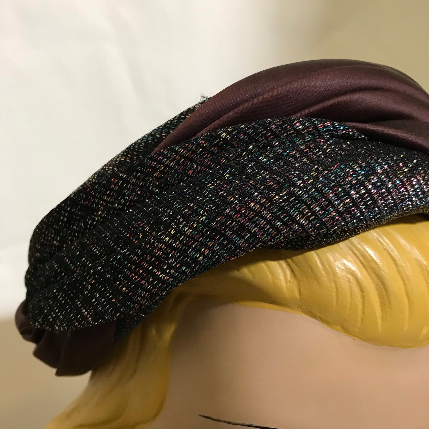 Metallic Bronze, Blue and Black Fabric Wrapped Pill Box Hat circa 1960s