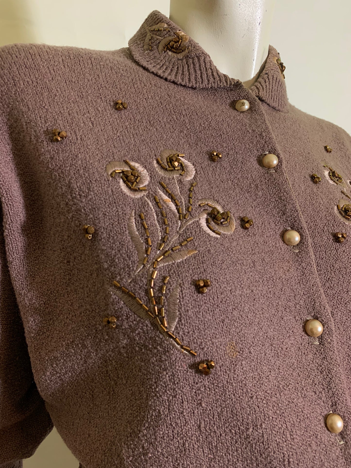 Rosy Brown Boucle Knit Wool 2 Pc Dress Set with Beading and Embroidery circa 1940s